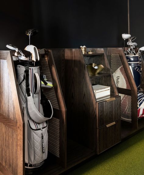 racks on racks! Who else is excited for the LIV event?🏌🏼 Interior Designer // @garrow_interiors #mancave #golf #rack #golfrack #ClientStories #GarrowInteriors #interiordesign #nashvilleinteriordesign #nashvillehomes #golflife #trackman #trackmandesign Golf Club Rack Storage, Golf Set Up, Golf Storage In Garage, Golf Room Ideas, Golf Simulator Room Design, Room Design For Men, Golf Club Display, Golf Club Storage, Golf Bag Storage