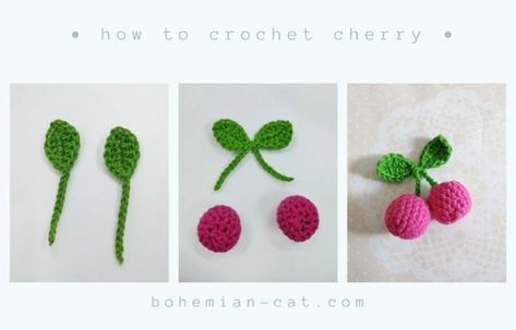 Crochet Cherry | Amigurumi Free Pattern | Bohemian Cat Couture, Crochet Cherry Earrings Free Pattern, Crochet Cherry Pattern, Crochet Cherry Keychain, Cherry Amigurumi, Crochet Cherries, Crocheted Food, Cherry Crochet, Mario Crochet