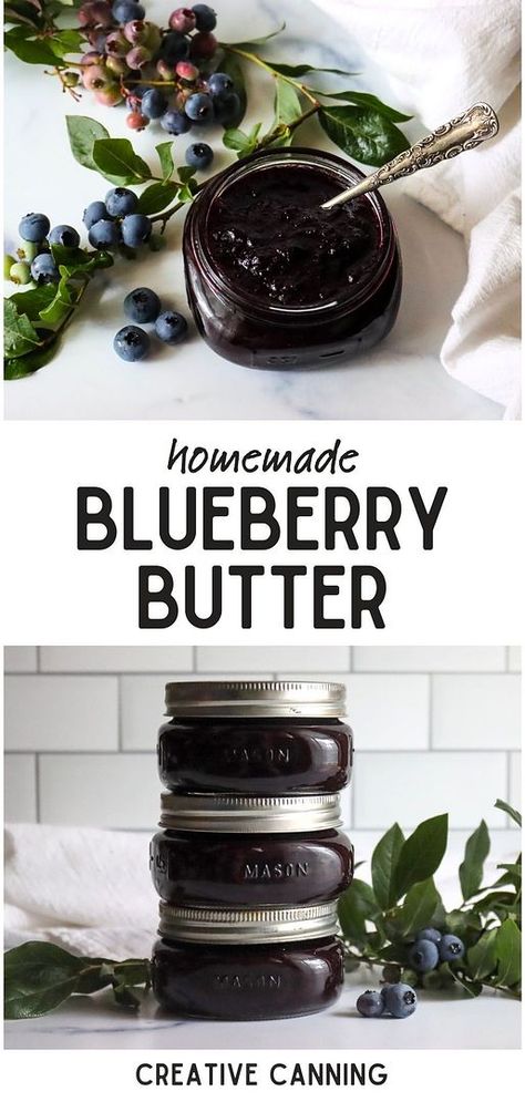 Learn to create Water Bath Canning Recipes with homemade blueberry butter. Made with blueberry pulp, this creamy and tart spread is ideal for a quick breakfast or dessert topping. Perfect for canning, it’s a great way to use food scraps. Find more canning recipes for beginners, water bath canning recipes, and home canning recipes at creativecanning.com. Canning Blueberries Recipes, Blueberry Canning Recipes, Blueberry Jam Recipe Canning, Blueberry Canning, Canning Blueberries, Blueberry Butter Recipe, Canning Recipes For Beginners, Canning Fruit Recipes, Blueberry Butter