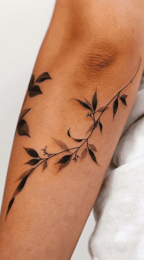 Leaf Tattoo Design Ideas Images Leaf Vine Finger Tattoo, Botanical Tattoo Dark Skin, Hot Leg Tattoos For Women, Small Filler Flower Tattoos, Tattoo Leaf Designs, Leaf Around Arm Tattoo, Vines And Leaves Tattoo, Delicate Leaf Tattoo, Greenery Tattoo Leaves