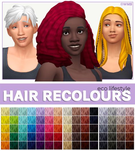 Eco Lifestyle Hair Recolours | WildlyMiniatureSandwich on Patreon Hair Color Swatches, Mod Hair, Eco Lifestyle, Sims 4 Mm Cc, Sims 4 Mm, Sims Hair, Sims 4 Cas, Pastel Hair, New Hair Colors