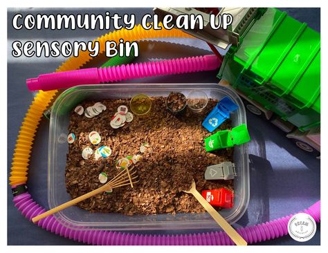 Teach young children about the importance of keeping our communities clean with the help of the Community Clean Up Sensory Bin! Not only does this bin provide hours of fun while teaching about being environmentally clean, but the materials used provides stimulation to multiple senses, especially the sense of smell, sound, and touch! Community Sensory Bin, Cleaning Sensory Bin, Sensory Bins, Sensory Play, Clean Up, The Help