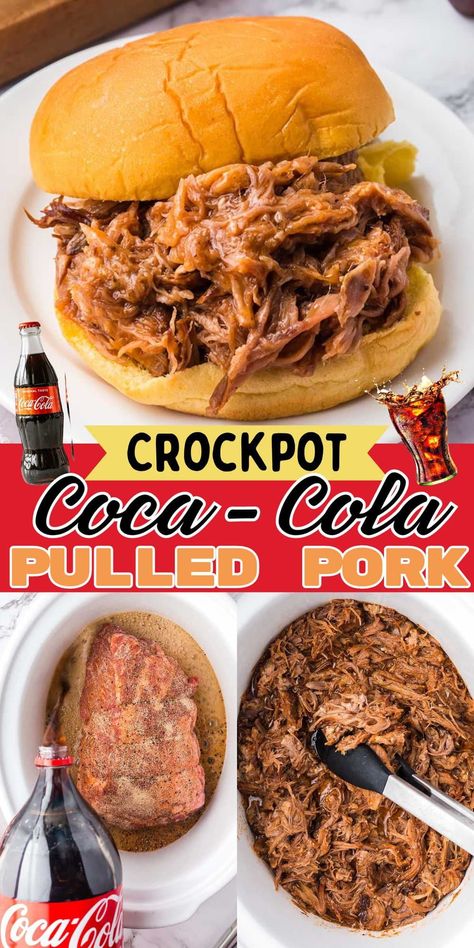 Cooking Crockpot Coca-Cola Pulled Pork creates the most flavorful, fall-apart tender meat with a sweet and smoky taste. With just a few spices, a can of coke, and a bottle of BBQ sauce, simply set it and forget it, and walk away until dinner is done! Slow Cooker Pulled Pork With Coke, Coke Pulled Pork Slow Cooker, Easy Crockpot Pulled Pork 3 Ingredients, Crockpot Pulled Pork Tacos, Cheap Dinners For A Family Summer, Boston Button Bbq Crockpot, Pulled Pork Coke, Crockpot Barbeque Pork, Pulled Pork In Crock Pot