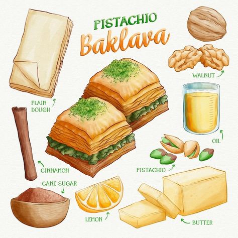 Hand drawn pistachio baklava recipe | Free Vector #Freepik #freevector #recipe #food-recipe #baklava #delicious Cottagecore Recipes, Homemade Recipe Books, Pistachio Baklava, Baklava Recipe, Homemade Cookbook, Recipe Drawing, Food Doodles, 귀여운 음식 그림, Food Infographic