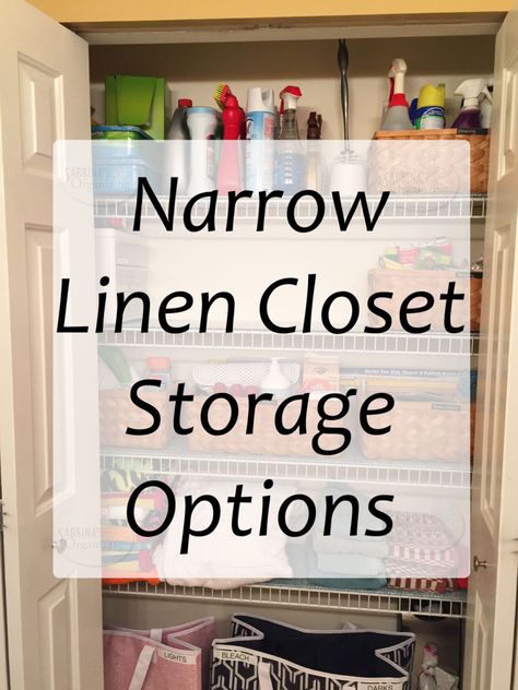 You need to do a little bit more planning when you have a narrow linen closet storage options. Here are storage options and tips to help. Narrow Linen Closet, Small Linen Closet Organization, Linen Closet Design, Bathroom Closet Storage, Linen Closet Shelves, Organizing Bathroom, Small Linen Closets, Diy Closet Storage, Narrow Closet