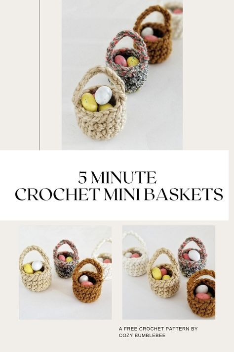 The 5 minute mini basket crochet pattern is a fun, quick project perfect for Easter gifts, party favors, teacher gifts, office gifts and more. These little baskets are addictive to make and fun to gift! Small Baskets Gifts, Diy Mini Easter Baskets, Easter Gift Teacher, Teacher Gift Crochet, Crochet Party Favors, Crochet Favors, Crochet Mini Basket, Whimsical Crochet, Basket Crochet Pattern