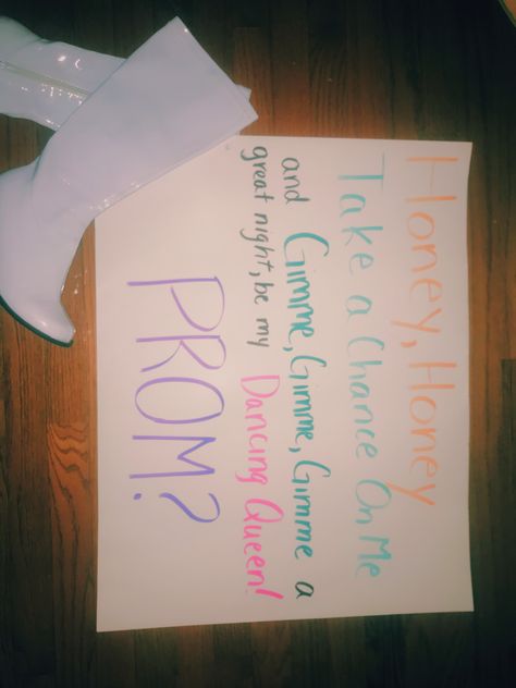 Lyric Promposal, Abba Promposal, Song Promposal Ideas, Song Lyric Promposal, Mama Mia Hoco Proposal, Song Lyric Hoco Proposals, Mama Mia Promposal, Mamma Mia Promposal, Movie Promposal