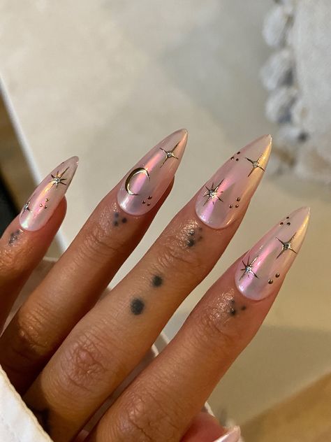 Chrome Nails With Stars, Star Moon Nails, Moonstone Nails, Nails Pink Chrome, Press On Nails Pink, Medium Stiletto, Star Nail Designs, Nails Hand Painted, Lost Village