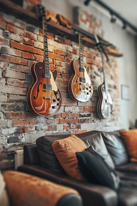 Unique Guitar Decorating Ideas to Inspire You Guitar As Decor, Musician Interior Design, Small Music Room Ideas, Guitar House Design, Hanging Guitars On Wall Ideas Home Decor, Moody Guitar Room, Guitar On Wall, Guitar Wall Display, Guitar On Wall Decor Bedroom