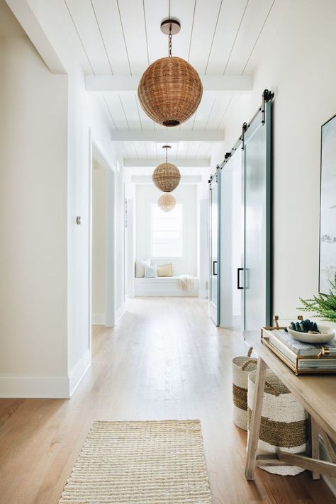 home inspiration | shore society, hallway, interior, interior design, design, warm tones, homey, decor, simple, boho, modern, classic, light, bright Casa Clean, Shiplap Ceiling, Ceiling Detail, Built In Seating, Wood Look Tile, Coastal Farmhouse, Coastal Design, Modern Coastal, Hallway Ideas