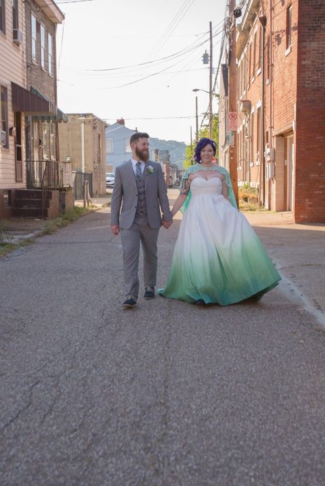 Chic wedding with this springtime green ombre hand dyed wedding dress by Alteria! Ombre Wedding Dress Green, Dip Dyed Wedding Dress Ombre, Green Ombre Wedding Dress, White And Green Wedding Dress, Dyed Wedding Dress, Dino Wedding, Ombre Wedding Dress, Ombre Gown, Chelsea Wedding