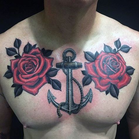 Rose Flowers With Anchor Guys Upper Chest Tattoo Design Ideas Anchor Chest Tattoo, Chest Tattoo Designs For Men, Rose Tattoo Men, Rose Chest Tattoo, Nautical Ideas, Cool Shoulder Tattoos, Small Chest Tattoos, Rose Tattoos For Men, Roses Tattoo