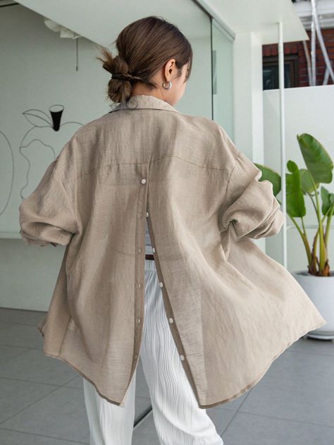 DAZY Women Fashion Solid Color Long Sleeve Button-Up ShirtI discovered amazing products on SHEIN.com, come check them out! Linen Style Fashion, Drop Shoulder Shirt, Linen Shirts Women, Modest Wear, Women Blouses, Womens Long Sleeve Shirts, Casual Style Outfits, Long Shirt, Fashion Sewing