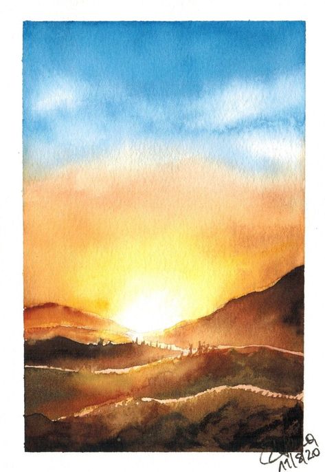 Sunrise Watercolour Painting, Watercolor Art Sunrise, Watercolor Sunset Landscape, Sunrise Watercolor Painting Easy, Sunlight Watercolor, Watercolour Sunrise, Sunrise Watercolor Painting, Watercolour Sunset, Paint Sunset