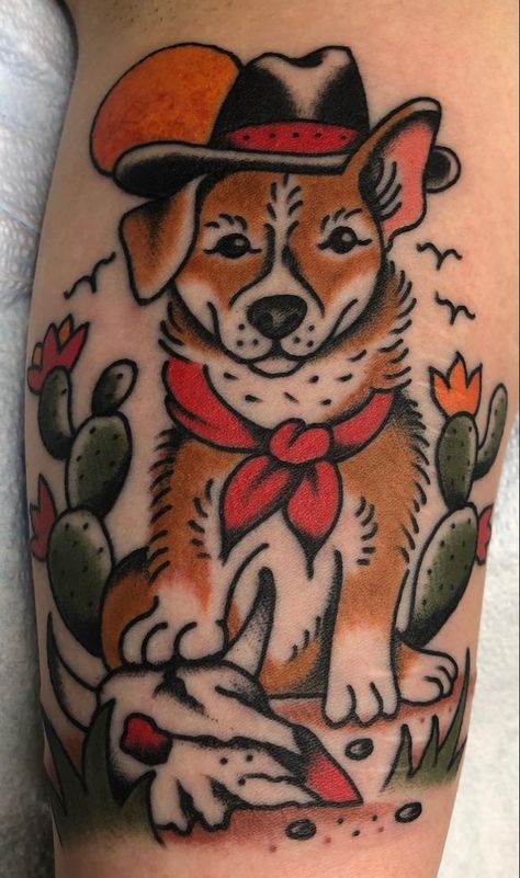 Traditional Tattoos Country, Black Dog Traditional Tattoo, American Traditional Tattoos Motorcycle, Muted Traditional Tattoo, Traditional Tattoos Leg Women, American Traditional Corgi Tattoo, Corgi Tattoo Traditional, American Traditional Tattoo For Women, Traditional Best Friend Tattoo