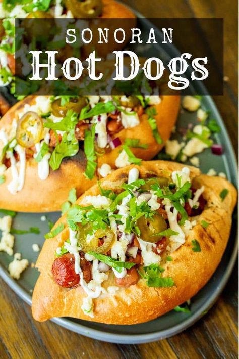 Sonoran Hot Dog Recipe, Unique Hot Dogs, Mexican Hot Dogs, Sonoran Hot Dog, Bacon Wrapped Hotdogs, Hey Grill Hey, Wrapped Hot Dogs, Gourmet Hot Dogs, Hot Dog Recipes