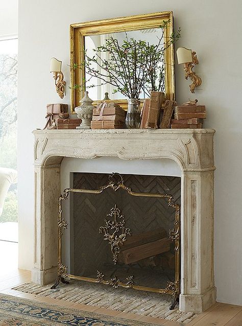 Shelf Staging, French Limestone Fireplace, French Limestone Floor, Limestone Mantel, Mantel Styling, Patina Farm, Mantle Ideas, Fireplace Mantles, French Fireplace