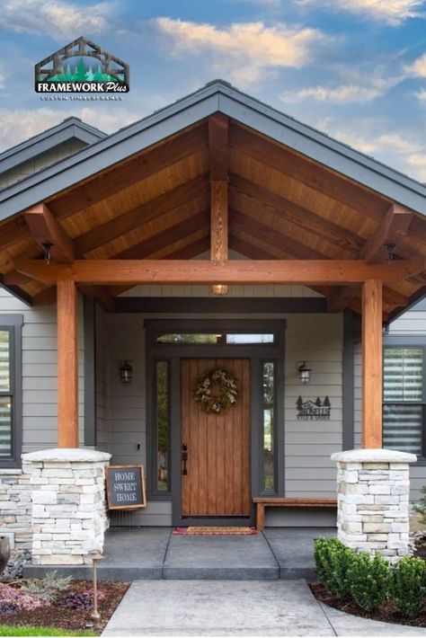 Timber Frame Porch Front Entry, Interior Trusses, Hybrid Timber Frame Homes, Portico Entry, Exterior House Design Ideas, Entryway Interior, Timber Trusses, Timber Frame Porch, Timber Truss