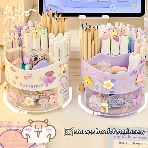 Desk Kawaii, Cuarto Aesthetic, Stationary Storage, Stationary Box, Cute Stationary School Supplies, Cute School Stationary, Kawaii Pens, Stationary School, Cosmetic Box