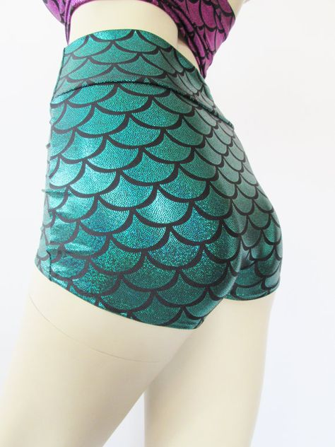 High waist Mermaid scale Bikini bottoms by ZanzaDesignsClothing Pretty Woman Halloween, Green Costume, Mermaid Shorts, Lycra Shorts, Sparkly Shorts, Rave Costumes, Metallic Shorts, Green Mermaid, Mermaid Costume