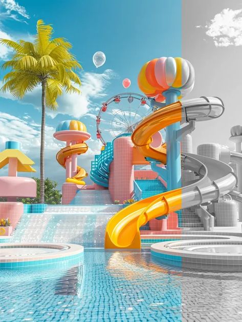 Full Color Image in ai-img-gen.com 🔸 clay materials, Outdoors,Minimalist,2.3d rendering of summer background with water slide and swimmin... 🔸 From Midjourney AI Image Pool Water Slides, Water Theme Park, Colored Water, Magical Home, Swimming Pool Water, 3d Concept, Color Image, Summer Backgrounds, Water Slide