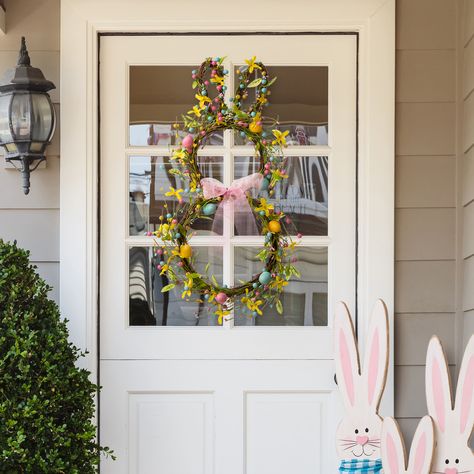 Glitzhome® 25" Easter Bunny Shaped Wreath with Eggs & Satin Ribbon Bow | Easter Wreaths & Garlands | Michaels Easter Front Door Wreath, Easter Front Door, Egg Wreath, Easter Door Hanger, Spring Front Door Wreaths, Easter Egg Wreath, Spring Door Wreaths, Easter Door, Satin Ribbon Bow