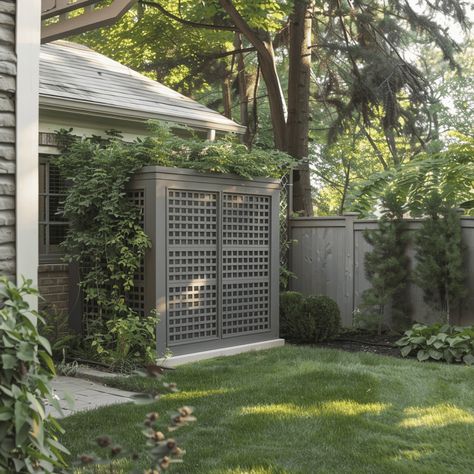 Wooden AC unit privacy screen Ideas To Hide Air Conditioner Unit, Air Conditioning Screen, Fence To Hide Air Conditioner, Hide Hvac Unit Outside, How To Hide Hvac Unit Outside, Hide Heat Pump Outside, Cover Outside Ac Unit, Ac Unit Landscaping Ideas, Air Unit Cover Ideas