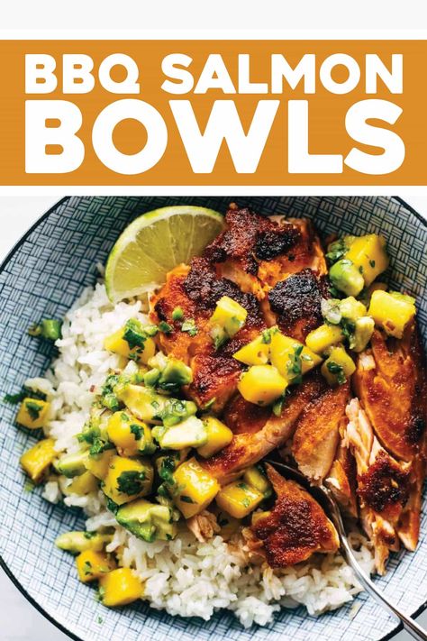 Salmon Bowls, Dinner Salmon, Mango Salsa Salmon, Dinner Seafood, Bbq Salmon, Impressive Dinner, Mango Avocado Salsa, Mango Avocado, Salmon Bowl