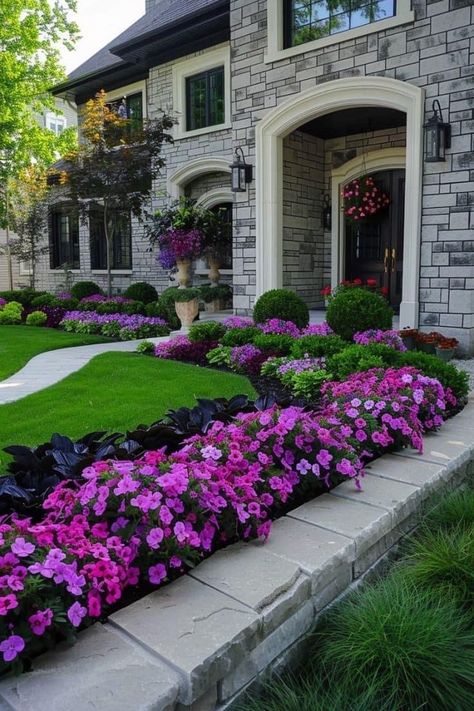 Landscaping Front Porch Flower Beds, How To Redo Front Yard Landscaping, Island Farmhouse, Front Lawn Landscaping, Front Flower Beds, Front Garden Landscape, Small Front Yard Landscaping, Lawn Design, Front Yard Design