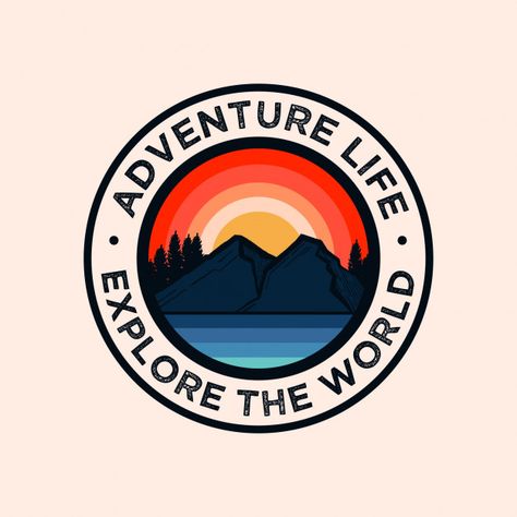 Colorful adventure mountain badge logo P... | Premium Vector #Freepik #vector #logo Badge Design Ideas, Logo Montagne, Adventure Mountain, Adventure Logo, Tree Logos, Bold Logo, Badge Logo, Badge Design, Design Graphique