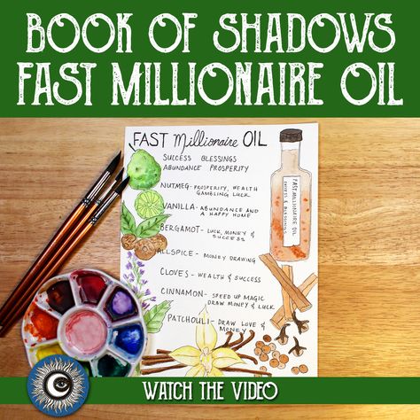 Hello my darlings. Please enjoy my latest YouTube video. In this video I create a page in my book of shadows. A Recipe for Fast Millionaire Oil. This spell oil can be used for drawing money, success, wealth and opportunities to you. Let’s do some magical crafting. #fastmillionaireoil #conjuroil #magicalcrafting #spelloil #witchcraft #wicca #bookofshadows #bos #grimoire #hoodoo #voodoo #conjur #rootwork Diy Money Oil Recipes, Money Drawing Powder Recipe, Money Oil Recipes Hoodoo, Fast Cash Oil Recipe, Come To Me Oil Recipe Hoodoo, Money Drawing Oil Recipe, Money Oil Recipe Witchcraft, Hoodoo Delish Money, Success Oil Recipe