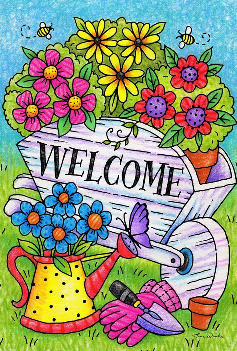 Toland Home Garden Welcome Wheelbarrow 28 x 40 Inch Decorative Colorful Spring Summer Gardening Flower House Flag ** Want to know more, click on the image. (This is an affiliate link) Garden Flags Ideas, Wheelbarrow Garden, Holiday Monogram, Garden Birdhouses, Flag Hanging, Butterfly House, Garden Flag Stand, Outdoor Flowers, Notes Design