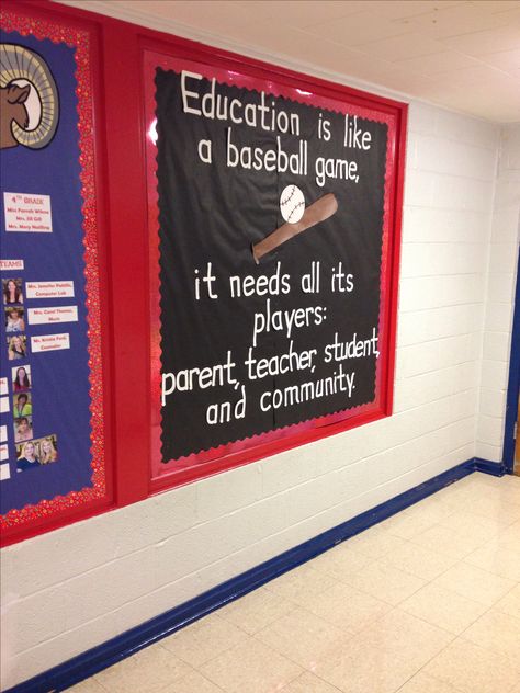 Parental involvement board Parent Resource Room, Child Education Quotes, School Sports Theme, Counseling Bulletin Boards, Sports Classroom, Sports Theme Classroom, School Hallway, Team Theme, Child Education