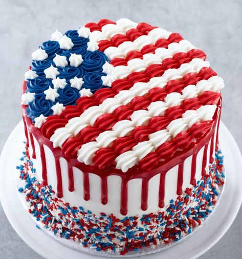 Whipped Creme Decorated Yellow Cake Red White And Blue Drip Cake, 4th Of July Decorated Cakes, Labor Day Cakes Ideas, Usa Birthday Cake, Veterans Day Cake Ideas, Patriotic Cakes Ideas, Red White And Blue Cakes, July 4th Cakes, Labor Day Cake Ideas