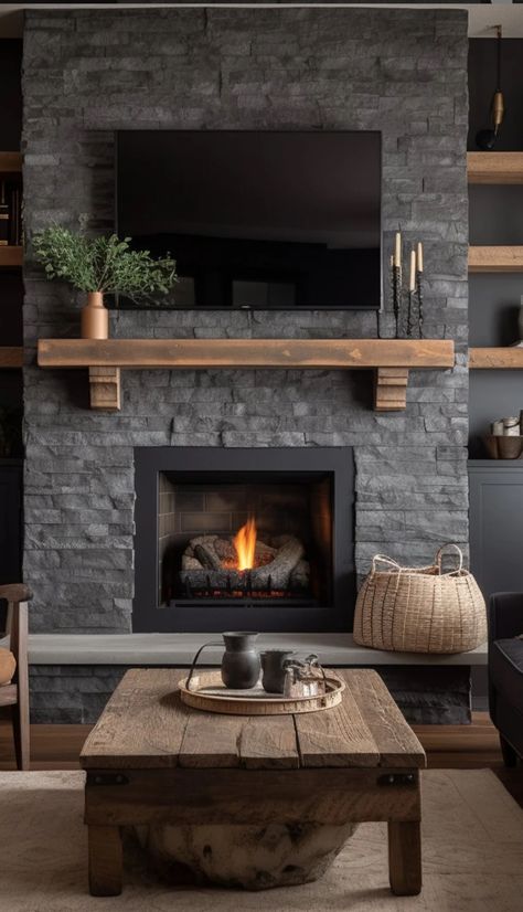 Fireplace Step Decor, Gas Fireplace With Seating Ledge, Charcoal Gray Fireplace Brick, Fireplace Stone Ideas Modern, Dark Boho Living Room Ideas, Slate Stacked Stone Fireplace, Fake Stone Wall Living Room, Rustic Stone Fireplace Ideas, Gray Stone Fireplace With Wood Mantle