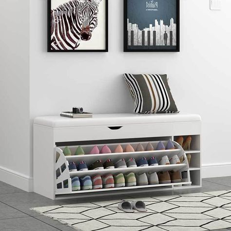 Shoe storage that open from te front like a fold with three section to put shoe in it. There is three space at the front right to put shoes easy or access for everyday use Clean Hallway, Shoe Cabinet Bench, Cabinet Bench, Shoe Cabinet Design, Wooden Shoe Storage, Bench With Cushion, Storage Bench With Cushion, Shoe Bench, Bench With Shoe Storage