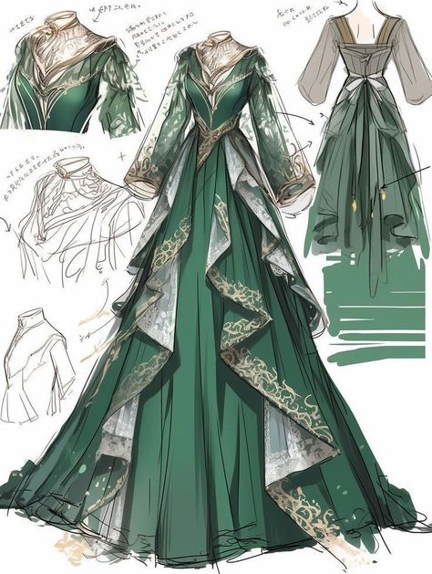 Green Fantasy Dress, Slytherin Dress, Dreamy Gowns, Dress Design Drawing, Fantasy Outfits, Old Fashion Dresses, Fashion Drawing Dresses, Clothing Design Sketches, Fantasy Dresses