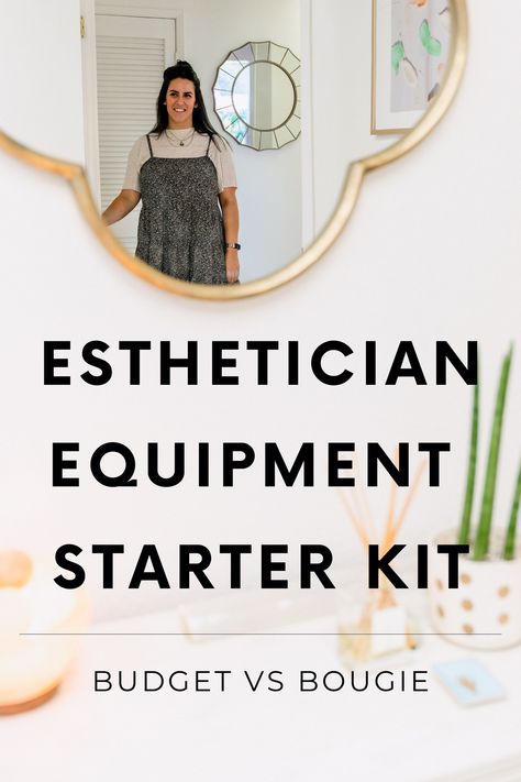 Breaking down all the equipment you need TO START your esthetician biz. Remember you can always add on from here and upgrade once you are ready. Esthetician Table Set Up, Esthetician Supplies Organization, Esthetician Back Bar Ideas, Esthetics Room Set Up Skincare Tools, Best Esthetician Products, Spa Room Ideas Estheticians Bohemian, Med Spa Organization, Floating Shelves Esthetician Room, Esthetician Facial Set Up