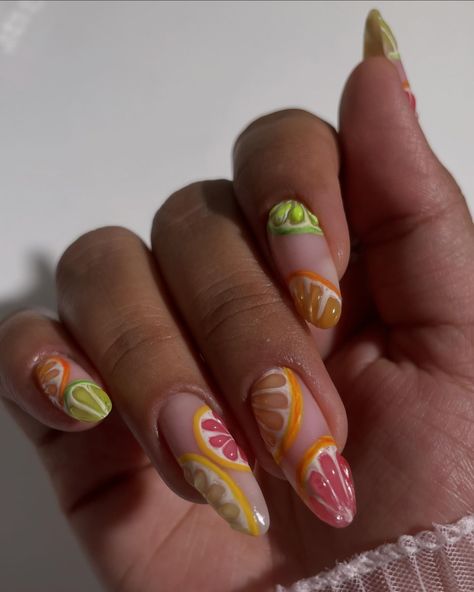 Refreshing citrus nails to hold on to the last few days of this summer 🍋🍊🍋‍🟩 Swipe to check out the tutorial incase you missed it. Comment below if you want to know any specific polish or color I used for this look! #citrusnails #3dnails #summernails #lemonnails #orangenails #grapefruitnails #limenails #vacationnails Tangerine Nail Art, Tangerine Nails Design, Tangerine Nails, Citrus Nails, Bridal Shower Nails, Shower Nails, Lime Nails, Lemon Nails, Vacation Nails