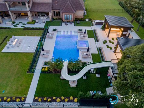 Pool Patio Layout Ideas, Vertical Pool Layout, Family Pool Ideas, Nice Backyard With Pool, Backyards With Pools Ideas, Family Backyard Layout With Pool, Modern Pool Slide, Landscape Ideas With Pool, Modern Pools Design