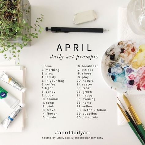 Paint with me! (April Daily Art Prompts) | https://jonesdesigncompany.com/things-i-like/april-daily-art-prompts/ Jones Design Company, 30 Day Art Challenge, Watercolour Challenge, 30 Day Drawing Challenge, April Art, Paint With Me, Drawing Ideas List, Art Journal Prompts, Art Therapy Projects