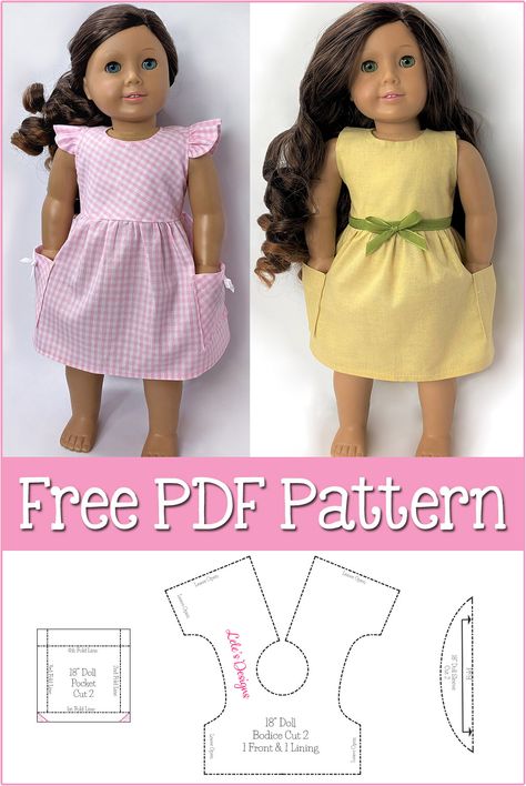 In this tutorial I will show you how to make a American Girl or 18" Doll Ruffle Dress. You have the option of adding the sleeves and/or pockets. This will give you many options of different dresses for your doll. free pdf sewing pattern included. sewing lessons 5” Doll Clothes Patterns, 14inch Doll Clothes Pattern Free, American Doll Dress Pattern Free, Dresses For Dolls Diy, Doll Dresses Pattern, Free Doll Dress Patterns To Sew, How To Sew A Doll Dress, American Doll Sewing Patterns Free, Diy American Doll Clothes