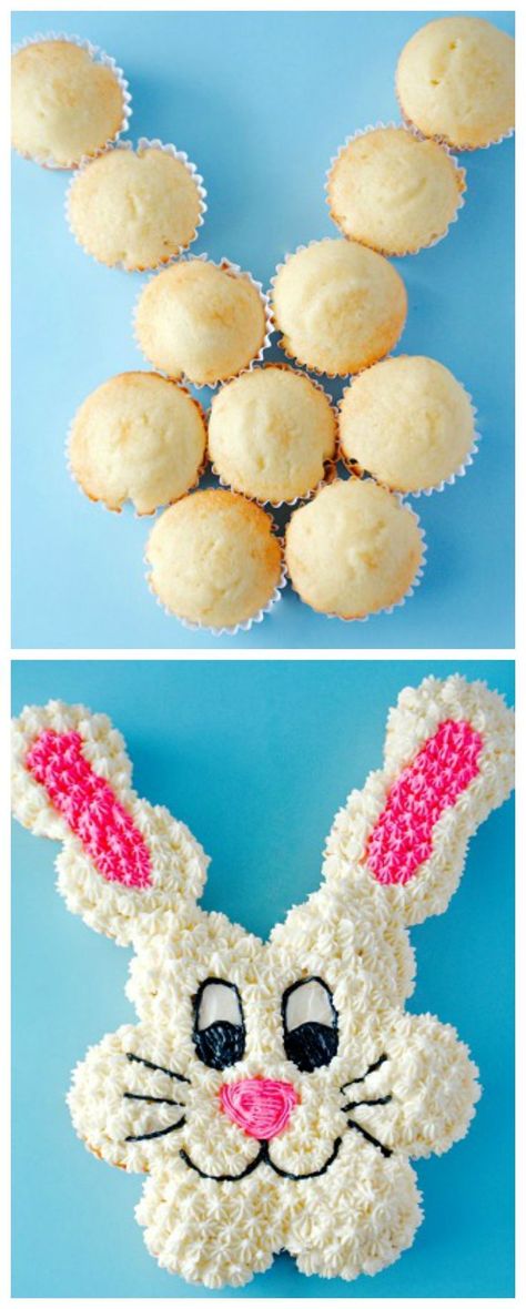 Pull Apart Easter Bunny Cupcake Cake ~ Easy, Adorable and fun... All you need are 12 cupcakes to make this little guy! Bunny Cupcake Cake, Cupcake Easter, Pull Apart Cakes, Bunny Cupcake, Pull Apart Cupcake, Easter Funny, Easter Bunny Cupcakes, Pull Apart Cupcake Cake, Pull Apart Cake