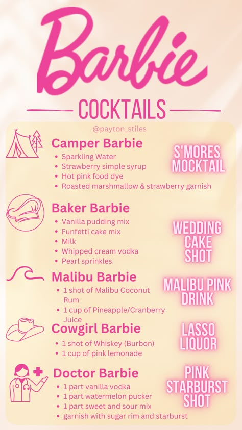 Barbie 24th Birthday, Barbie Slumber Party Outfit, Barbie Mixed Drink, Barbie Inspired Alcohol Drinks, Barbie Sangria, Barbie Date Night, Barbie Movie Night At Home, Barbie Parties For Adults, Barbie Themed 21st Birthday Party