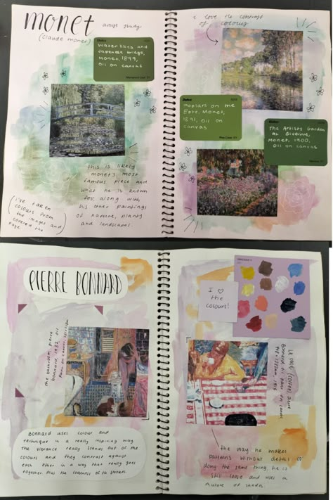 Monet Artist Research Page, Colour Art Page Gcse, Claude Monet Research Page, Monet Artist Research Page Gcse, Watercolour Sketchbook Pages, Artist Studies Gcse, Artist Research Page Gcse Colourful, Claude Monet Gcse Sketchbook, Claude Monet Collage