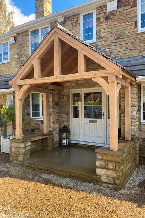 Fabulous Oak Porch Creates a Great Welcome Oak Porches, Porch Oak, Back Door Entrance, Oak Porch, Driveway Entrance Landscaping, Home Remodel Before And After, Porch Canopy, Types Of Timber, Dream Farmhouse