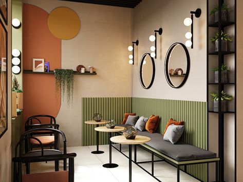 Break Room Design Small, Small Breakroom Ideas Work, Cafe Wall Design Ideas Coffee Shop, Tropical Cafe Design, Small Break Room Ideas, Staff Break Room Ideas, Tropical Coffee Shop, Coffee Shop Facade, Breakroom Ideas