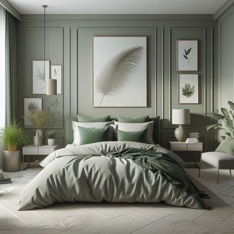 Modern Sage Green Bedroom Sage Green And Gray Bedroom Accent Wall, Sage Color Bedroom Ideas, Sage Green And Beige Bedroom Aesthetic, Light Grey And Green Bedroom, Gray And Sage Bedroom, Gray Green Bedroom, Sage Green And Gray Bedroom, Bedroom Ideas Sage, Bedroom Ideas Sage Green