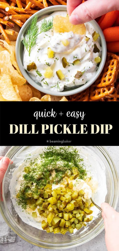 Tangy, thick ‘n creamy, packed with dill pickle flavor—this Dill Pickle Dip is so easy to make and comes together in minutes! Perfect as a dip for appetizers and on sandwiches. | Recipe at BeamingBaker.com Dill Pickle Dip Recipe, Pickle Dip Recipe, Dill Pickle Dip, Pickle Dip, Dill Pickle Chips, Chili Cheese Dips, Quick And Easy Appetizers, Cream Cheese Dips, Creamy Dip