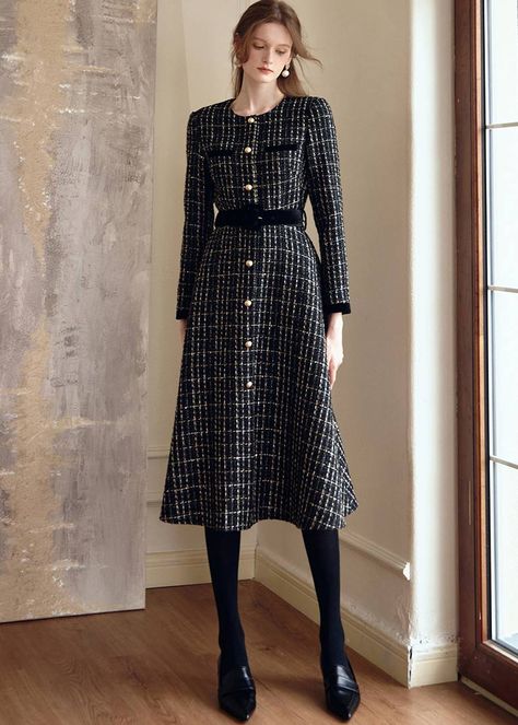 Indulge in luxury with the Shirley Black Long Sleeve Plaid Tweed Midi Dress. Made for sophisticated women who appreciate classic style, this midi dress features a chic plaid pattern and timeless tweed fabric. With long sleeves and a neckless design, it's the perfect addition to any fashionable wardrobe. Elevate your look with this exclusive dress. Long sleeves Neckless It comes with a belt Front buttons Back zip closure Fit-flare dress Item #472201 Long Sleeve Tweed Dress, Long Tweed Dress, Womens Winter Dress, English Dresses, Fall Tweed Long Sleeve Dress With Buttons, Black Long Sleeve Tweed Dress For Fall, Winter Long Sleeve Tweed Dress With Buttons, Fall Luxury Long Sleeve Tweed Dress, Chanel Dress Gowns